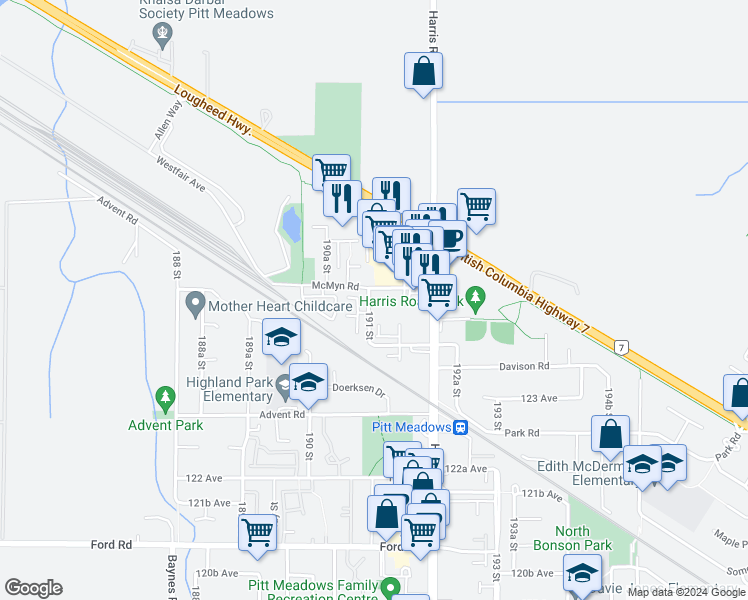 map of restaurants, bars, coffee shops, grocery stores, and more near 12460 191 Street in Pitt Meadows