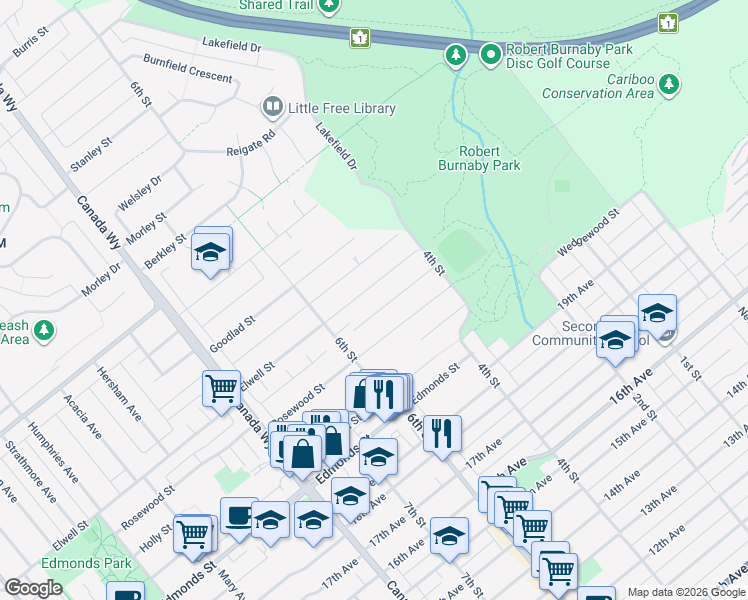 map of restaurants, bars, coffee shops, grocery stores, and more near 7948 Elwell Street in Burnaby
