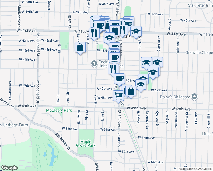 map of restaurants, bars, coffee shops, grocery stores, and more near 2141 West 47th Avenue in Vancouver