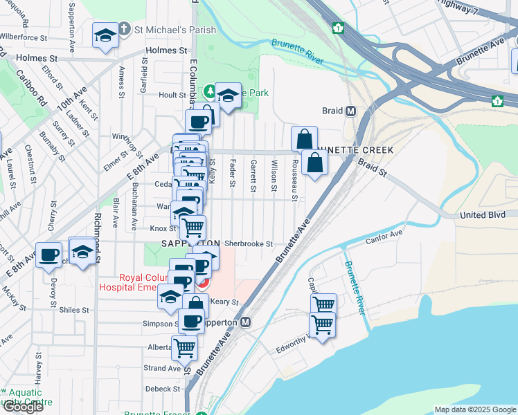 map of restaurants, bars, coffee shops, grocery stores, and more near 430 Garrett Street in New Westminster