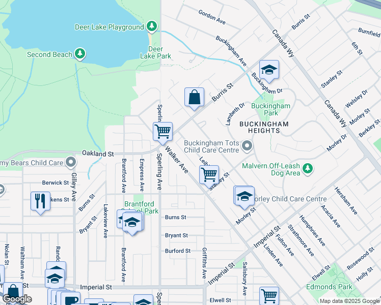 map of restaurants, bars, coffee shops, grocery stores, and more near 6057 Leibly Avenue in Burnaby