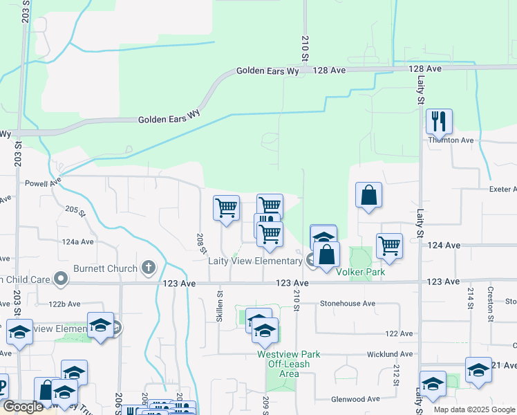 map of restaurants, bars, coffee shops, grocery stores, and more near 20898 125 Avenue in Maple Ridge