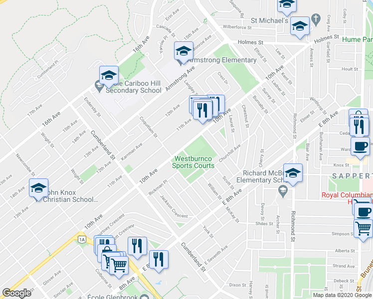 map of restaurants, bars, coffee shops, grocery stores, and more near 10 Avenue East in New Westminster