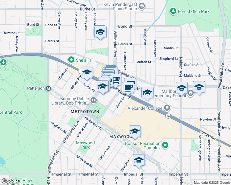 map of restaurants, bars, coffee shops, grocery stores, and more near 4501 Kingsway in Burnaby