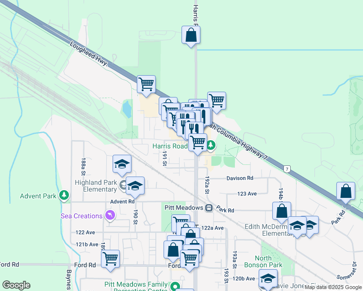 map of restaurants, bars, coffee shops, grocery stores, and more near 12466 191B Street in Pitt Meadows