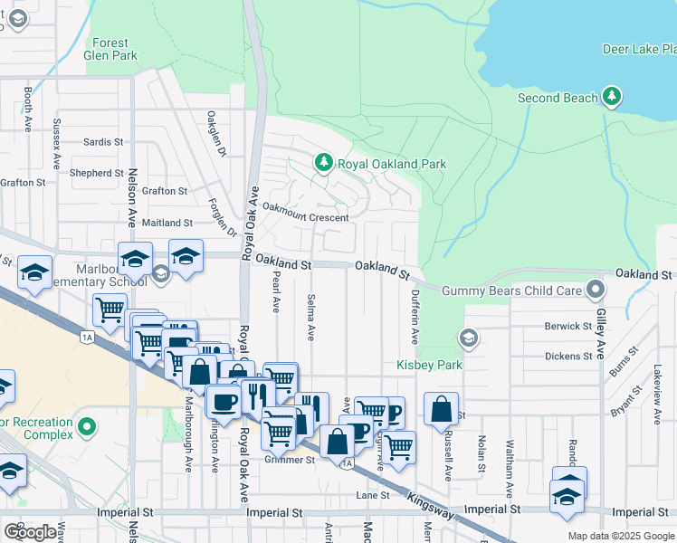 map of restaurants, bars, coffee shops, grocery stores, and more near 5488 Oakland Street in Burnaby