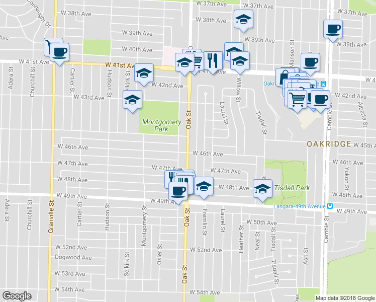map of restaurants, bars, coffee shops, grocery stores, and more near 6168 Oak Street in Vancouver