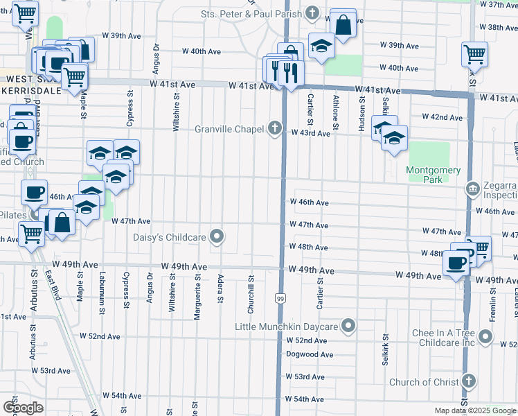 map of restaurants, bars, coffee shops, grocery stores, and more near 6238 Churchill Street in Vancouver