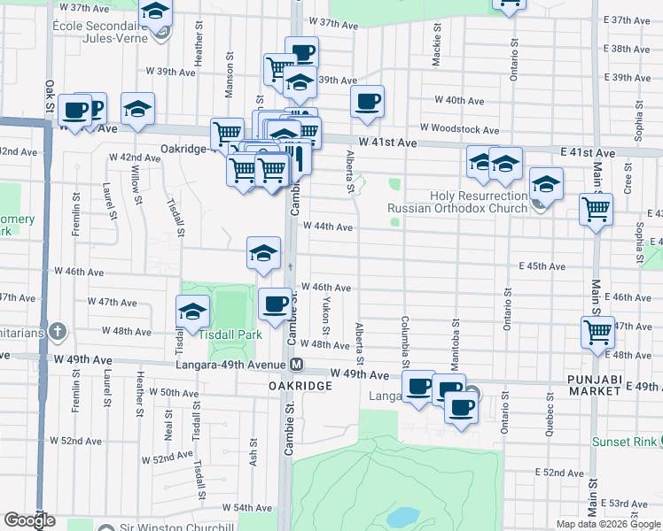 map of restaurants, bars, coffee shops, grocery stores, and more near 378 West 45th Avenue in Vancouver