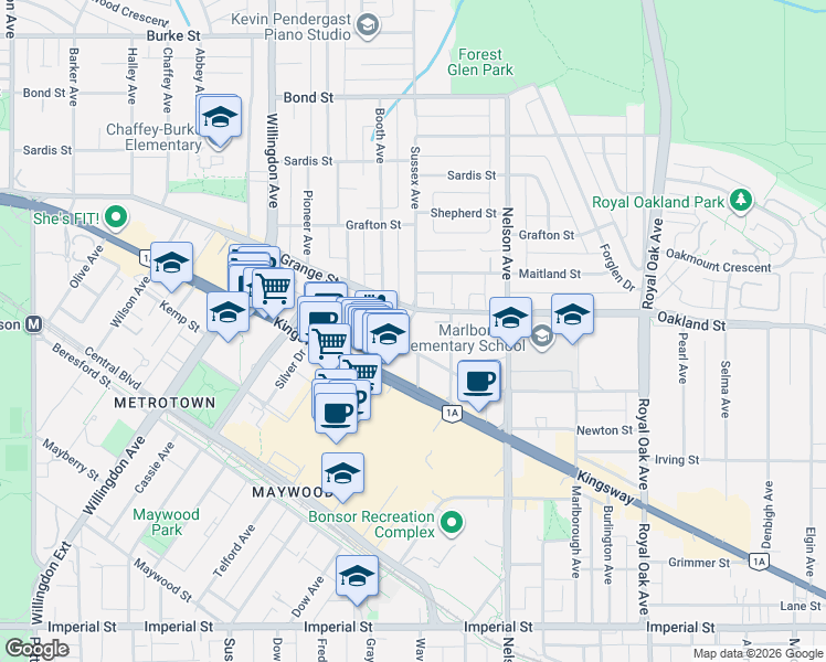 map of restaurants, bars, coffee shops, grocery stores, and more near 4711 Hazel Street in Burnaby