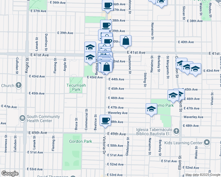 map of restaurants, bars, coffee shops, grocery stores, and more near East 45th Avenue in Vancouver