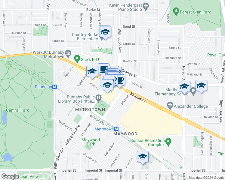 map of restaurants, bars, coffee shops, grocery stores, and more near 4500 Kingsway in Burnaby
