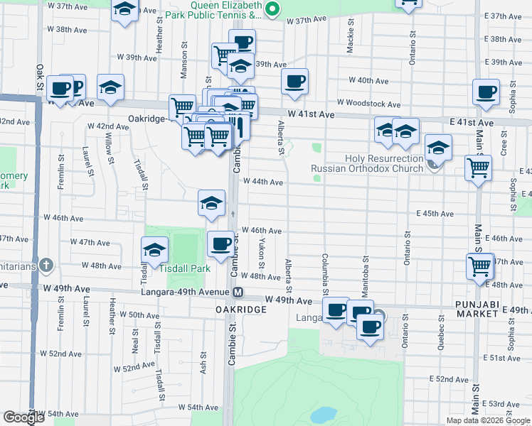 map of restaurants, bars, coffee shops, grocery stores, and more near 378 West 45th Avenue in Vancouver