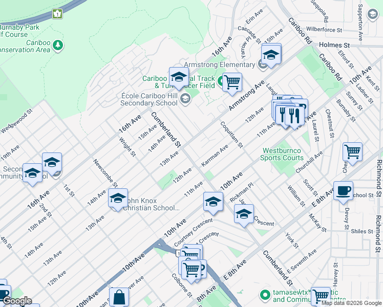 map of restaurants, bars, coffee shops, grocery stores, and more near 7738 Cumberland Street in Burnaby