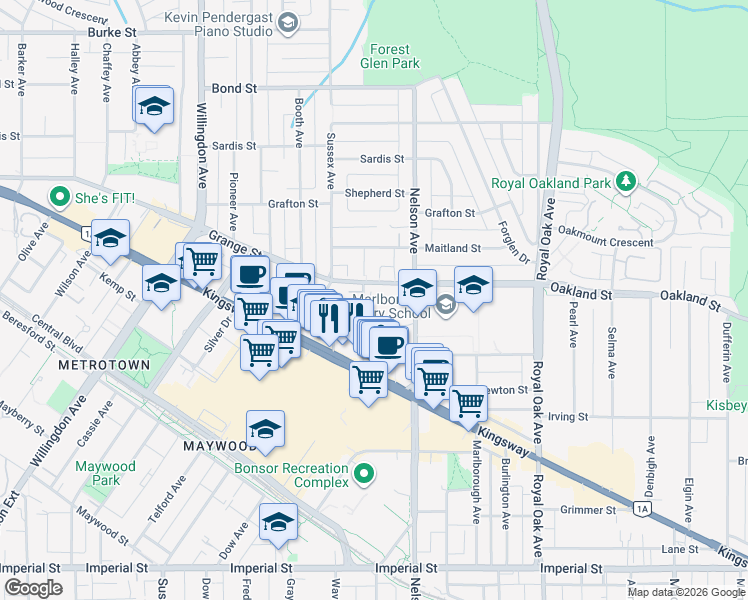 map of restaurants, bars, coffee shops, grocery stores, and more near 6070 McMurray Avenue in Burnaby