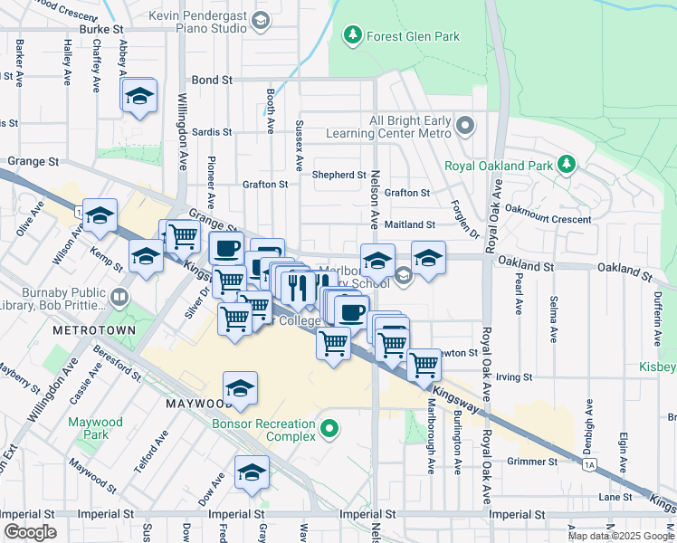 map of restaurants, bars, coffee shops, grocery stores, and more near 6070 McMurray Avenue in Burnaby