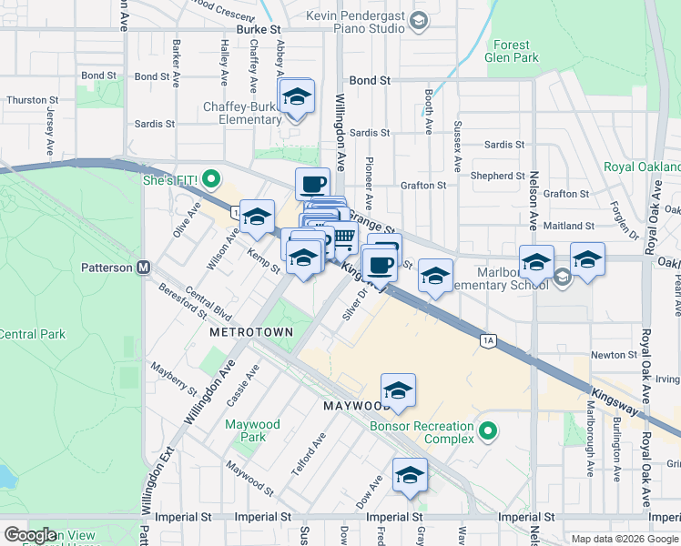 map of restaurants, bars, coffee shops, grocery stores, and more near 4558 Kingsway in Burnaby