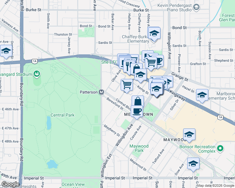 map of restaurants, bars, coffee shops, grocery stores, and more near 6087 Wilson Avenue in Burnaby