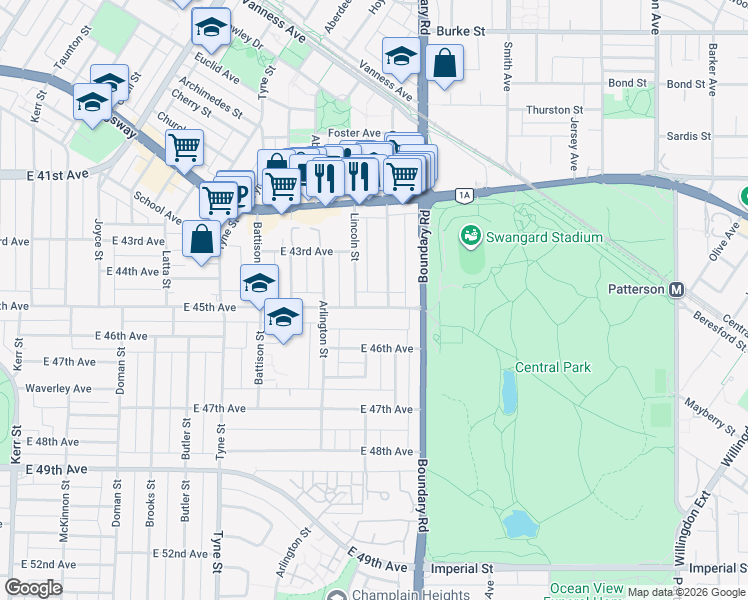 map of restaurants, bars, coffee shops, grocery stores, and more near 3635 East 45th Avenue in Vancouver