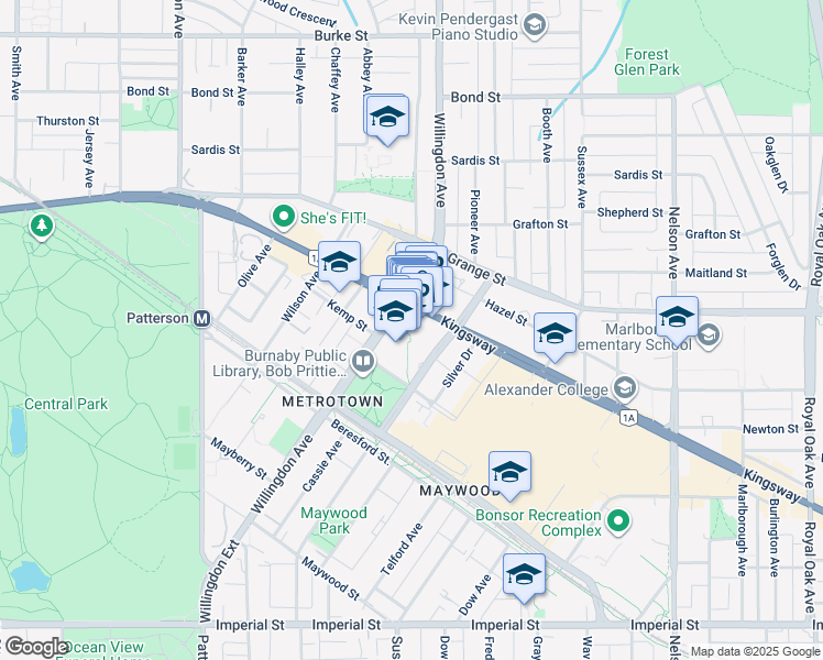map of restaurants, bars, coffee shops, grocery stores, and more near 1696-4500 Kingsway in Burnaby