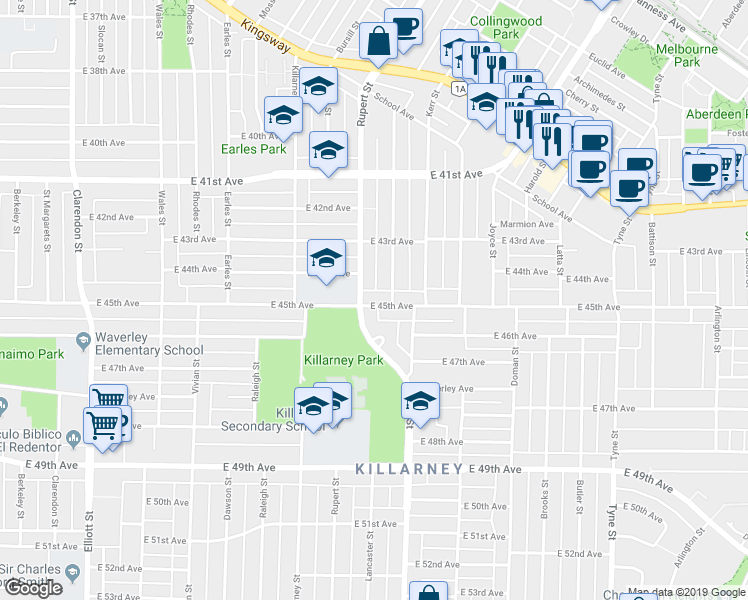 map of restaurants, bars, coffee shops, grocery stores, and more near 3025 East 45th Avenue in Vancouver