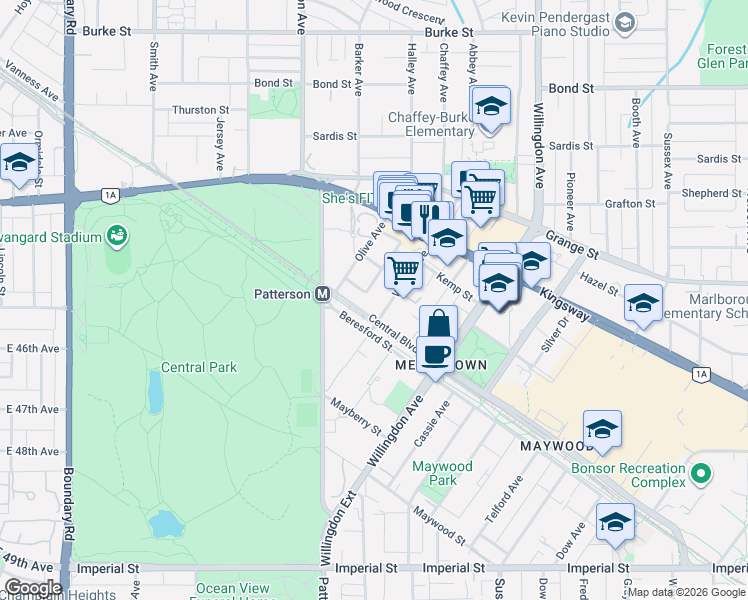 map of restaurants, bars, coffee shops, grocery stores, and more near 5900 Olive Avenue in Burnaby
