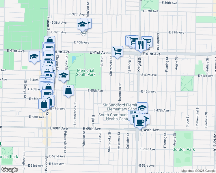 map of restaurants, bars, coffee shops, grocery stores, and more near 6061 Sherbrooke Street in Vancouver
