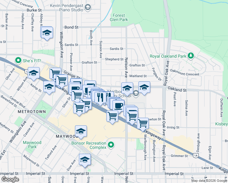 map of restaurants, bars, coffee shops, grocery stores, and more near 6070 McMurray Avenue in Burnaby