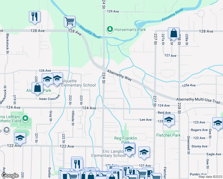 map of restaurants, bars, coffee shops, grocery stores, and more near 22419 125 Avenue in Maple Ridge