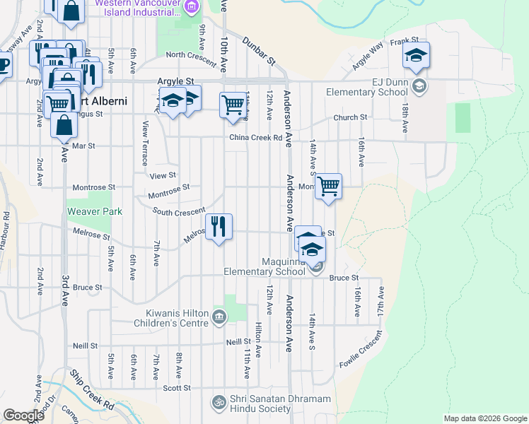 map of restaurants, bars, coffee shops, grocery stores, and more near 2738 12th Avenue in Port Alberni