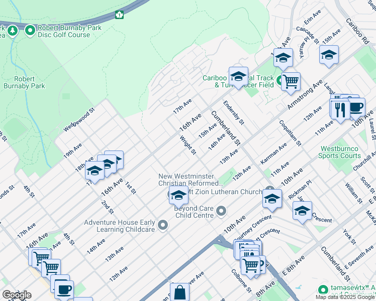 map of restaurants, bars, coffee shops, grocery stores, and more near 7611 Wright Street in Burnaby
