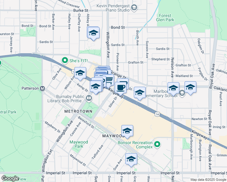 map of restaurants, bars, coffee shops, grocery stores, and more near 4501 Kingsway in Burnaby