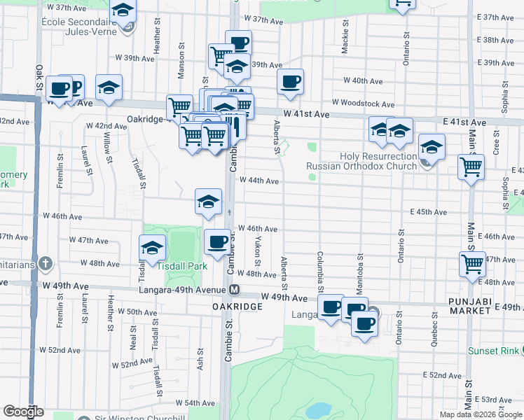 map of restaurants, bars, coffee shops, grocery stores, and more near 380 West 45th Avenue in Vancouver