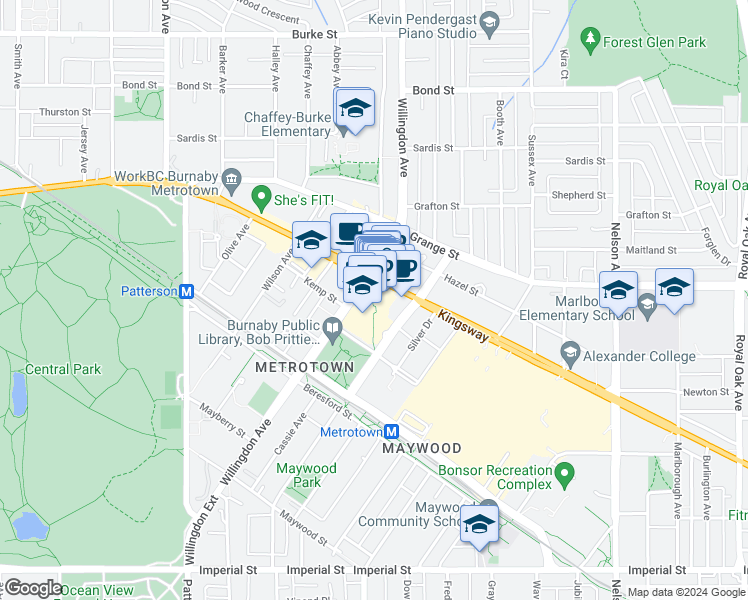 map of restaurants, bars, coffee shops, grocery stores, and more near 4500 Kingsway in Burnaby