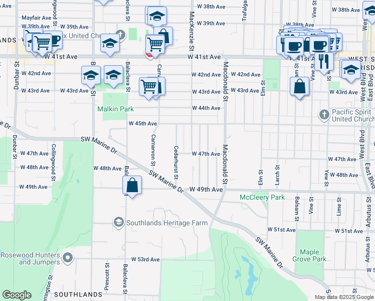 map of restaurants, bars, coffee shops, grocery stores, and more near 6297 Mackenzie Street in Vancouver