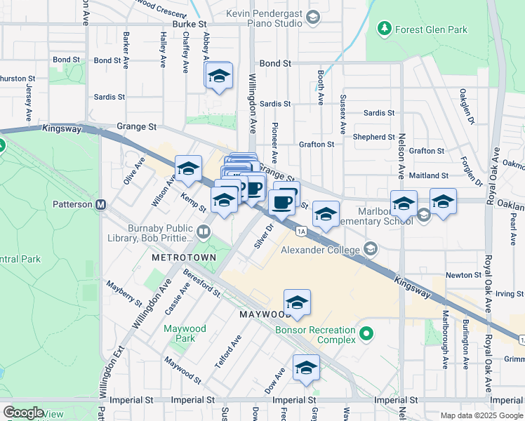 map of restaurants, bars, coffee shops, grocery stores, and more near 3203 McKay Avenue in Burnaby