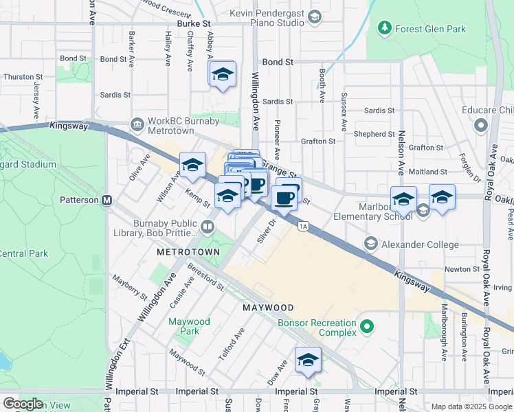 map of restaurants, bars, coffee shops, grocery stores, and more near 4501 Kingsway in Burnaby