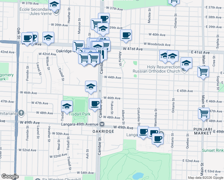map of restaurants, bars, coffee shops, grocery stores, and more near 408 West 45th Avenue in Vancouver