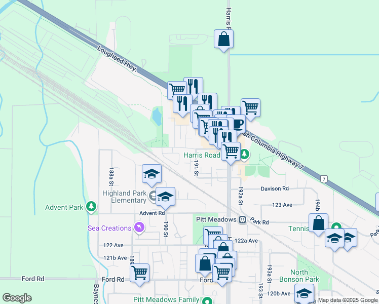 map of restaurants, bars, coffee shops, grocery stores, and more near 12449 191 Street in Pitt Meadows