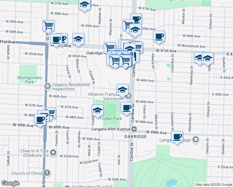 map of restaurants, bars, coffee shops, grocery stores, and more near 223 West 45th Avenue in Vancouver
