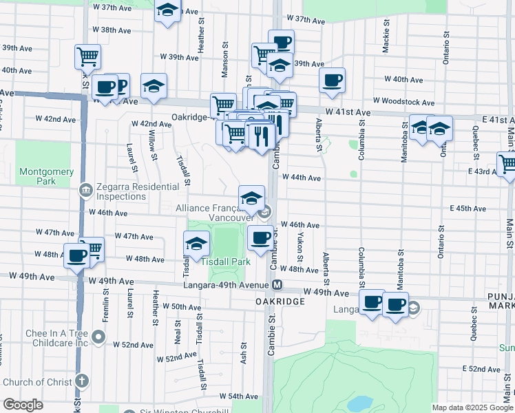 map of restaurants, bars, coffee shops, grocery stores, and more near 202 West 45th Avenue in Vancouver