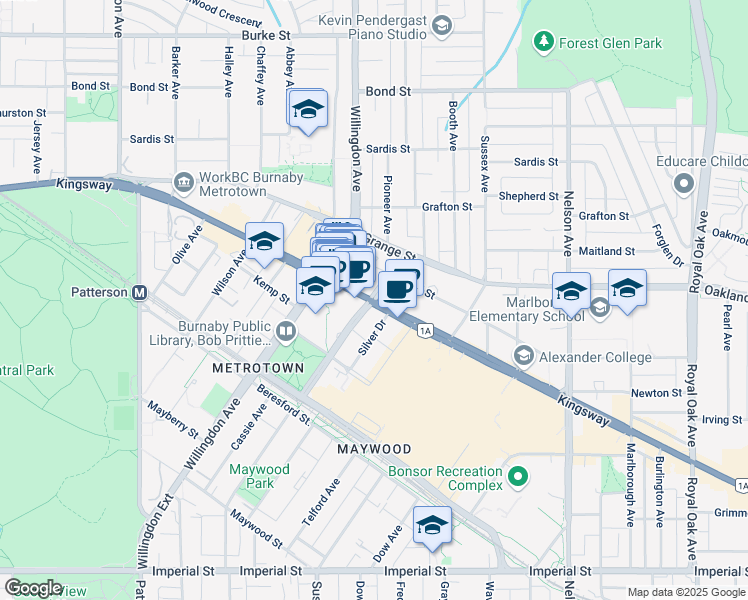 map of restaurants, bars, coffee shops, grocery stores, and more near 6000 McKay Avenue in Burnaby