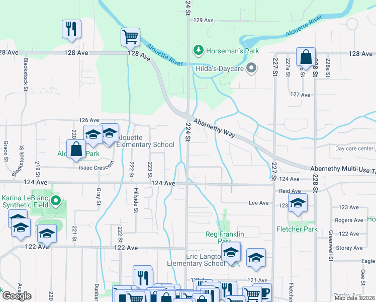 map of restaurants, bars, coffee shops, grocery stores, and more near 12488 224 Street in Maple Ridge