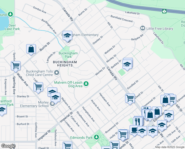 map of restaurants, bars, coffee shops, grocery stores, and more near 7571 Morley Drive in Burnaby