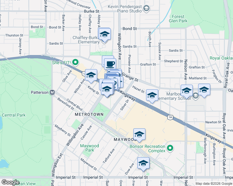 map of restaurants, bars, coffee shops, grocery stores, and more near 4500 Kingsway in Burnaby