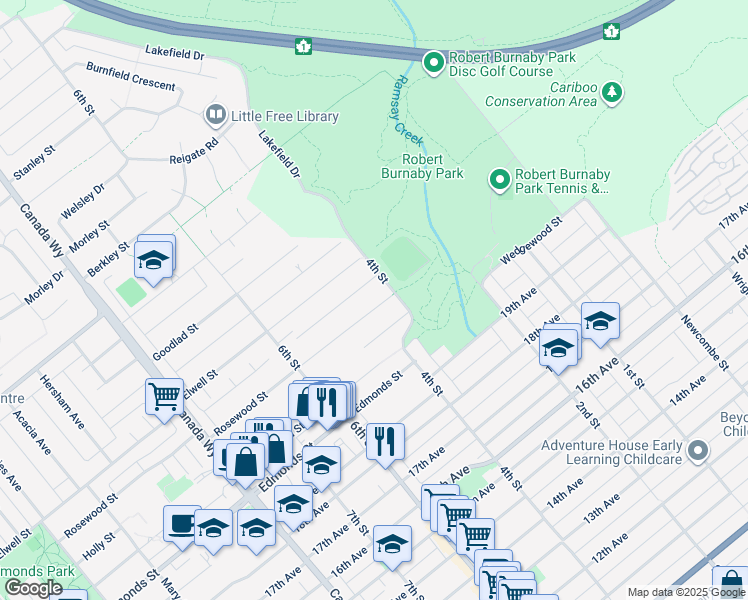 map of restaurants, bars, coffee shops, grocery stores, and more near 7985 Rosewood Street in Burnaby