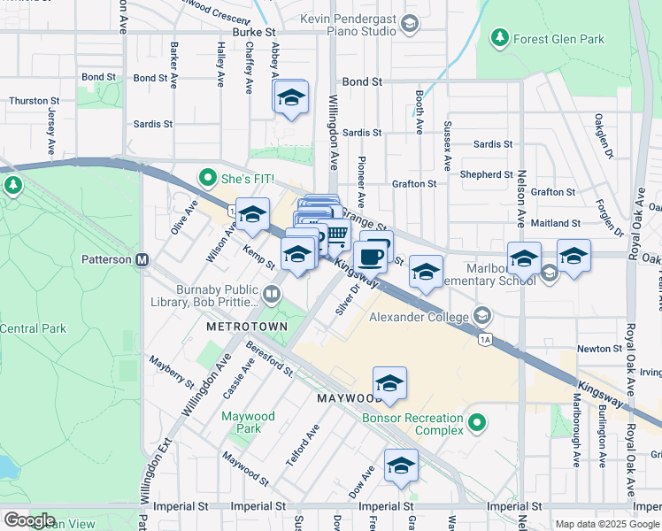 map of restaurants, bars, coffee shops, grocery stores, and more near 4501 Kingsway in Burnaby