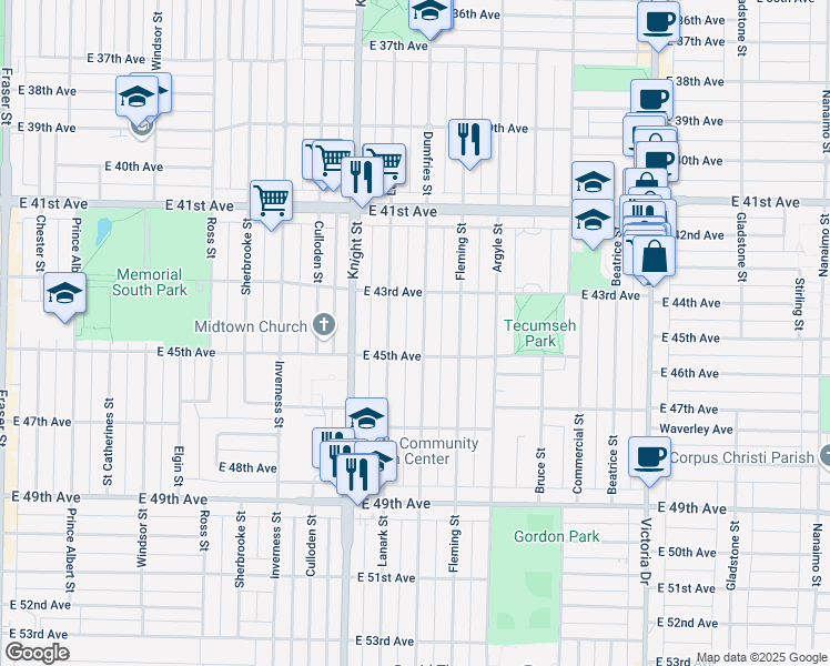 map of restaurants, bars, coffee shops, grocery stores, and more near 6029 Dumfries Street in Vancouver