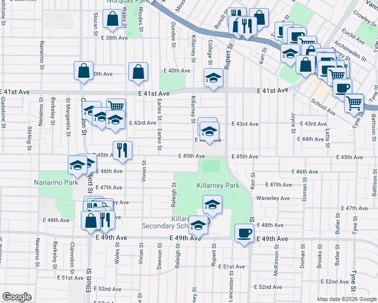 map of restaurants, bars, coffee shops, grocery stores, and more near 2897 East 45th Avenue in Vancouver