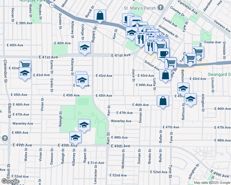 map of restaurants, bars, coffee shops, grocery stores, and more near 3107 East 45th Avenue in Vancouver